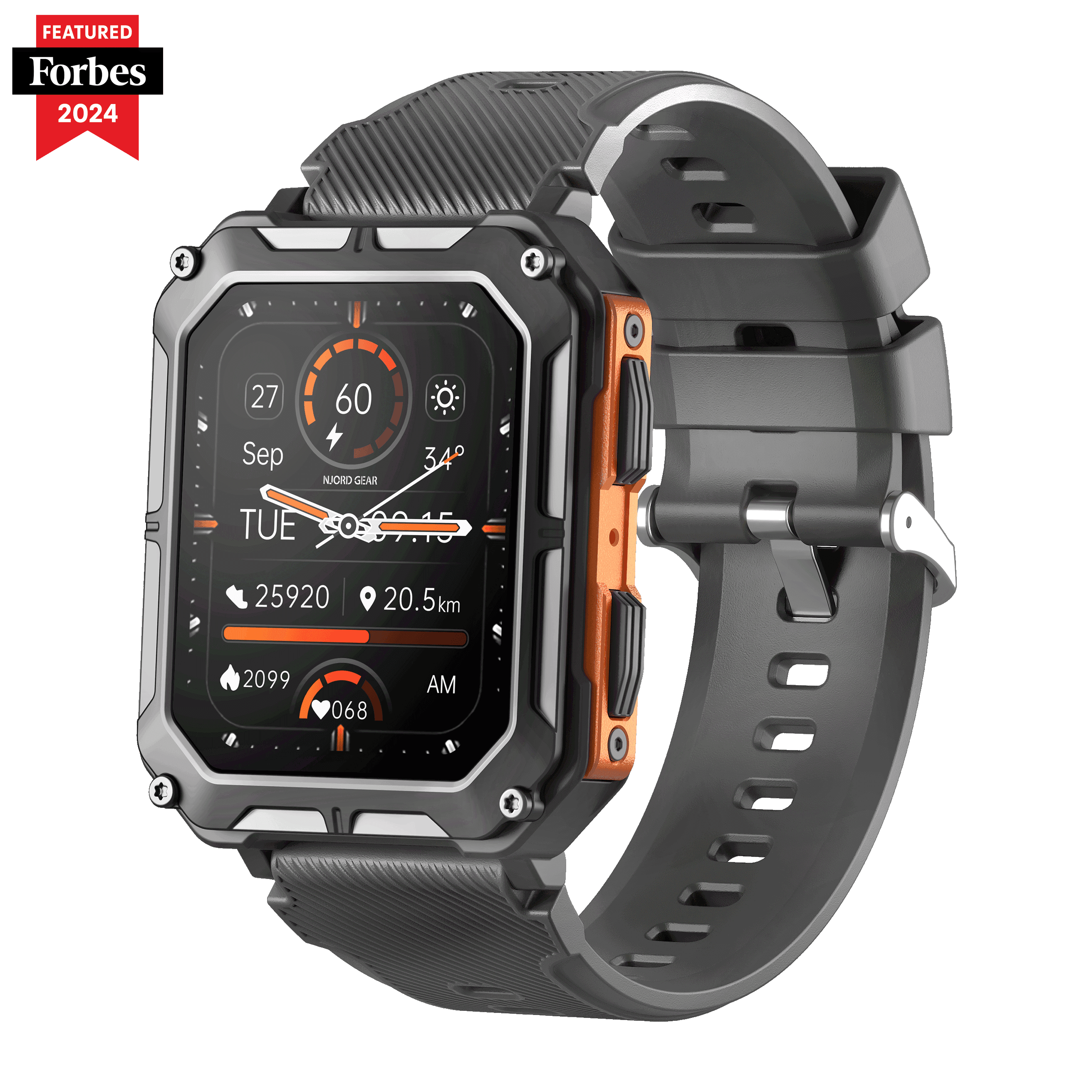 Rugged black and orange smart watch displaying time, date, and activity metrics on screen.